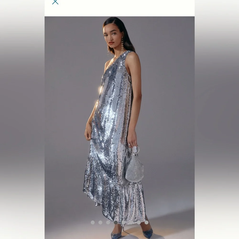 Maeve one shoulder silver sequin midi dress anthropologie sz large new nwt ✨ - Picture 6 of 14